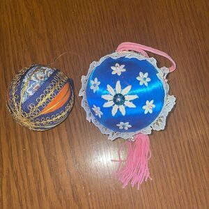 2 vintage Christmas craft round Christmas tree ornaments